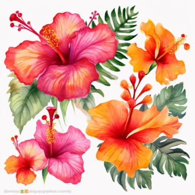 Watercolor Tropical Hibiscus Clipart by Thomas W. Schallerof: A vibrant and exotic design featuring tropical hibiscus flowers in shades of pink, orange, and red on a white background. The flowers are different-size and bold, while the leaves are thick and tropical, creating a lively and festive composition