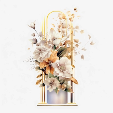 watercolour beautiful realistic white real floral wedding flower spray on gold rectangle tall frame stand realistic elegant wedding floral display stand with white glitter wedding flowers ,clip art graphics , PNG image,transparent background ,ultra highly detailed, 18k, sharp focus, bright photo with vibrant colours, digitally enhanced,photographic, enhanced graphics, png format, straight, sharp focus, bright lighting, intricate detailed png image ,high definition,300dpi,graphic clipart,computer