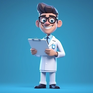 3d render. Cartoon doctor character holds clipboard. Clip art isolated on blue background. Professional consultation. Medical concept