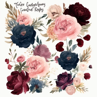 Create an enchanting collection of ultra-detailed watercolor floral clipart, showcasing a mesmerizing color palette of navy, burgundy, and blush. The clipart should capture the richness and depth of these tones, evoking a sense of sophistication and romance. Incorporate a variety of floral elements, including roses, peonies, and other elegant blooms, each meticulously painted to emphasize their unique textures and intricate details. Design the clipart with a focus on wedding themes, allowing for