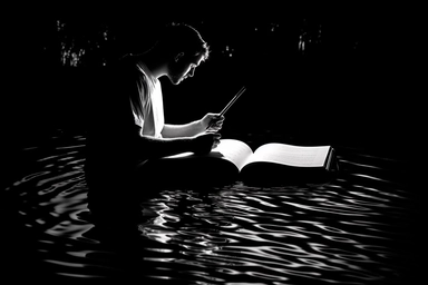 white silhouette on black background of a man in a canoe writing in a notebook, wideshot, on water, gentle ripples beneath, minimalistic, clipart, logo, website logo, simple design, lofi