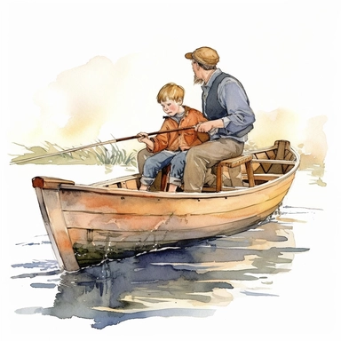 a detailed watercolour clipart, of a young father and son fishing on a wooden boat