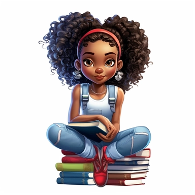 Curly head Haitian girl with pigtails reading a book in a library, red shirt, blue jean shorts, clipart, white background
