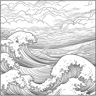the ocean and sky, b&w lineart, minimalist style, white background, full body, picture, coloring book style on white background, well composed, clean coloring book page, No dither, no gradient, strong outline, No fill, No solids, vector illustration, clipart, simple, cartoon –ar 9:11 –v 5