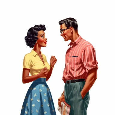 vintage 1950s illustration black woman talking to husband Clipart, on a white background, vintage aesthetic, character focus, 4K resolution, no background, realistic rendering, use using Cinema 4D