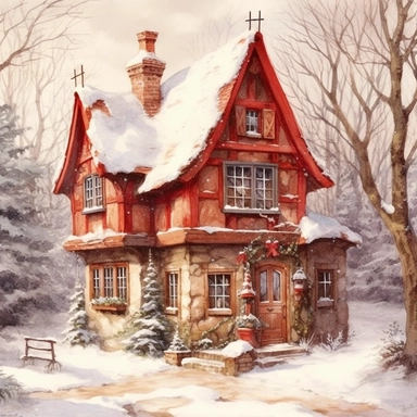 stunning red fairytale Christmas cottage in snow , beautiful Christmas clipart, soft faded colors, beautiful watercolor art by Marjolein Bastin, Thomas Kinkade, Carl Larsson, Norman Rockwell, Susan Wheeler