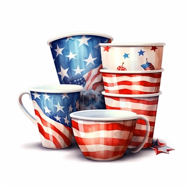 painting of 4th of july,patriotic cup,paper cup,coffe cup and more cups togather,hyper realistic,style by art nouveau,indipendence day,red white and blue,celebrate freedom,patriotism,clipart white background
