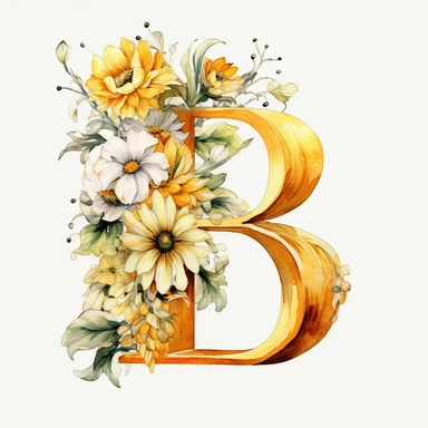 watercolor, Clipart, Golden Monogram, Capital Letter [B] decorated with white flowers, yellow tone