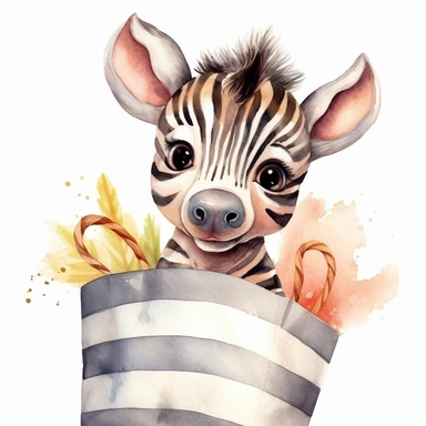 a super cute happy baby zebra in a shopping bag illustration watercolor style, minimalistic, clipart, children's book illustration, hd, 16k, 4k