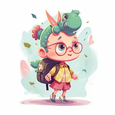 Characters Cute little dragon girl with backpack on her back goes to school on school background, kid style, 2D, vector, good quality, Pixar children's book illustration, vector, cartoon character, hand drawn, clip art