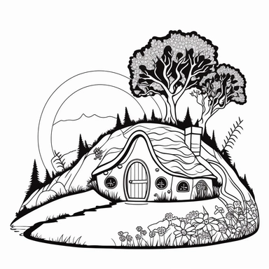 Coloring book page for kids, a hobbit house in a hill, clipart, cartoon kids style hand drawn line art, black and white