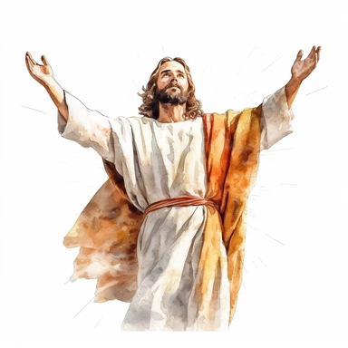 High Quality Jesus Christ, Hands in the air, Sun light shining from above, Watercolor clipart style, solid white background