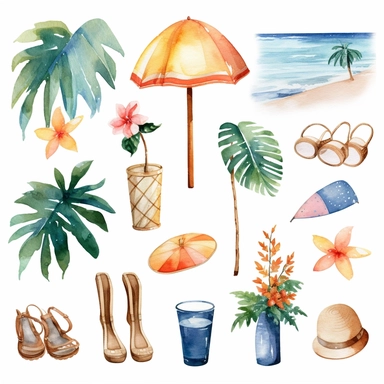 watercolor summer beach items clipart