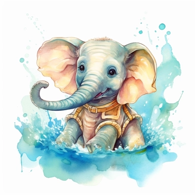 Create a watercolor illustration clipart of a playful cute Baby Elephant Scuba Diving, with its full body visible. Use soft, flowing brushstrokes and a warm, inviting color palette to create an image that is both charming and whimsical. Incorporate intricate details like the motion of Baby Elephant Scuba Diving to create a lifelike, realistic image. Can add other elements to the illustration like related item to play to create playful scene. Use white background to allow the watercolor textures 