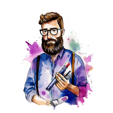 close shot of a man with beard and stylish haircut, barbar, holding sizer and barbar stuff, water color clipart, White background