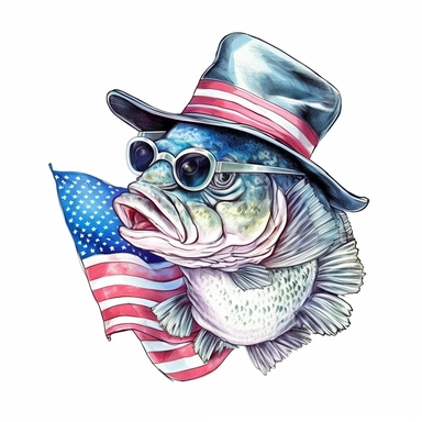 Bass Fish wearing a hat 4th of july style, wearing sunglasses style by Lucy Fleming, watercolor, smooth gradients, black contour outline, ultra detailed, clipart elements, delicate pastel colors, solid white background, super clear, high quality
