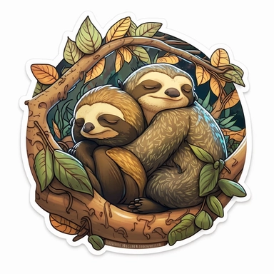 1️⃣ A charming sticker of two sleeping sloths up in a tree, in the style of furry art, goblincore, #screenshotsaturday, 2d game art, detailed shading, goblin academia, and firecore. 2️⃣ A serene clipart featuring a pair of dozing sloths nestled in a tree, in the style of anne stokes, graffiti-inspired animals, #screenshotsaturday, adventurecore, skottie young, charles spencelayh, and konica big mini. 3️⃣ A tranquil sticker depicting two sloths snoozing among tree branches, in the style of joe ma