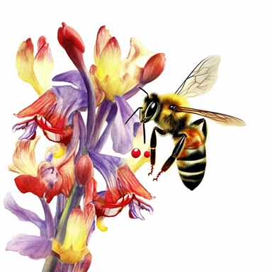 create a watercolor clipart of honey bee flying towards iris flower bunch, fully focused, sharp image , clipart on a white background