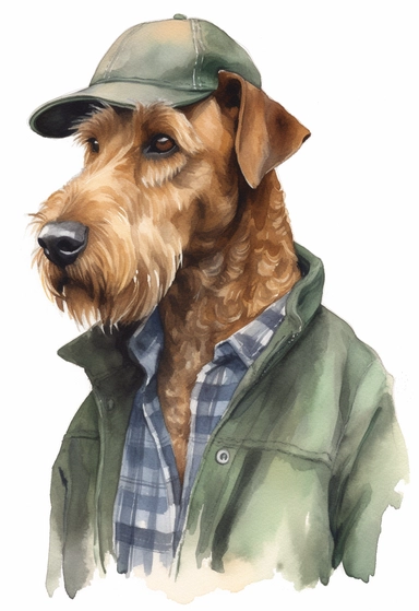 watercolour of a Airedale Terrier wearing A green and brown plaid flannel shirt paired with a brown suede bomber jacket, Add a brown leather belt with a brass buckle and a green and brown plaid flat cap on the head as an accessory, clipart, colourful, pastel color, watercolour, single sheet