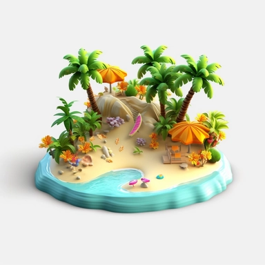3d island paradise beach clipart in animation style, in solid soft cream background, summer tropical, vacation, leisure, bright color, high resolution, 8K,