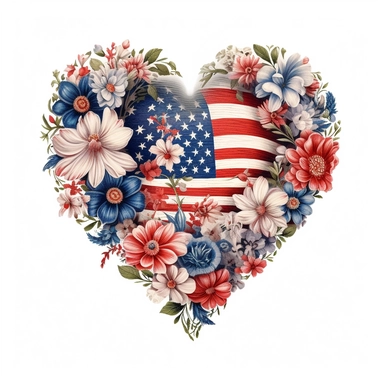 realistic illustration, heart clipart with floral decoration, with colors of the united states flag, july 24th, high definition embedded details, white background,