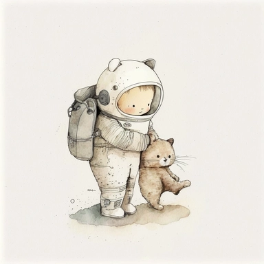 watercolor and pencil drawing of an an anthropomorphic kitten and a child wearing a spacesuit, dragging a teddybear, happy, gentle smile, beautiful watercolor ink wash coloring, thick pencil lines, Jon klassen, beatrix potter, popular on etsy, watercolor illustrations clipart, watercolor illlustrations for kids and children, plain white background