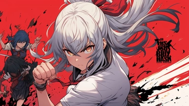 Ikki Tousen Sonsaku Hakufu Japanese manga series, paint art style, clipart, school background, superrealistic, one of a kind. battle other, The artwork features a dynamic, action - packed composition, with swirling energy blasts and dynamic poses adding to the sense of motion and excitement. The lighting is dramatic and moody, with deep blues and purples creating a sense of tension and danger. The overall mood is one of fierce determination, as Frieza battles to overcome his opponents.
