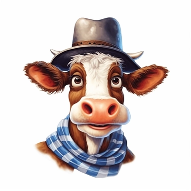 funny cow with cowboy hat sublimation clipart, hd, detail, illustration style, high solution, on the white background