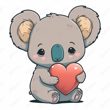 kawaii koala bear holding a love heart, clip art, full shot, illustration, outline, white background