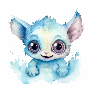 watercolour illustration, cute baby monster, big eyes, smiling, pastel, pale blue, aquarrellist, clipart, isolated, white background,