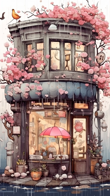 Very very cute and Whimsical quirky Jazzy coffee shop, building corner, cherry tree blossom, Raining colorful, Watercolored illustration in the style of Michael Powell, clipart, city vibe background - 8K