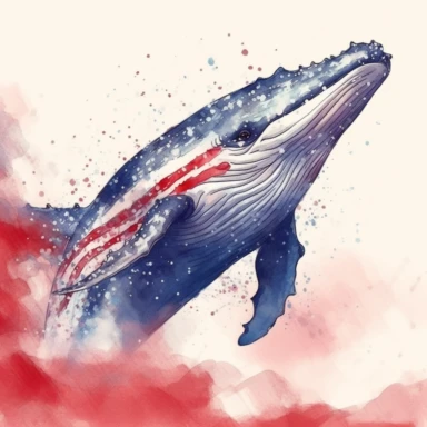 closeups shot, low angle, watercolor style, Humpback whale, patriotic pattern, Stars and Stripes, red, white, blue, hyper-realistic animal illustrations, 2d game art, quadratura, clipart, on white background,
