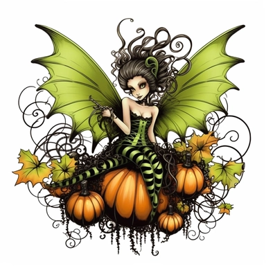 Halloween fairy, clipart, large neon green wings with black tips, black white stripes, pumpkin, isolated on white background, in the style of Amy Brown, beautiful fall floral, bright color, crisp lines, chaos 8