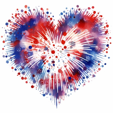 Fireworks Heart Shape: Design clipart showcasing fireworks arranged in the shape of a heart. Incorporate vibrant colors and intricate details to create a visually stunning and love-themed firework design. patriotic pattern, stars and stripes, red white and blue, delicate detail, watercolor, in the style of artgerm, 2d game art, quadratura, clipart, on white background,