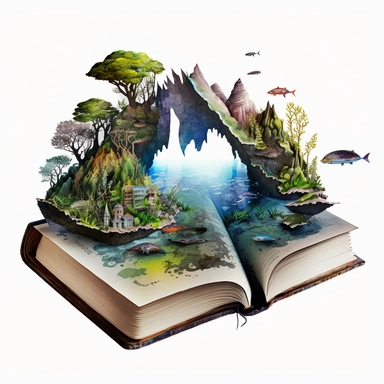 an opened book clipart with its pages depicting a mythical realm of floating islands, each with its own unique ecosystem and fantastical inhabitants, fantasy, mystical, magical, rebeca saray style, vintage watercolor, 8k, full hd, Open Book Clip Art, ultra detail, white background