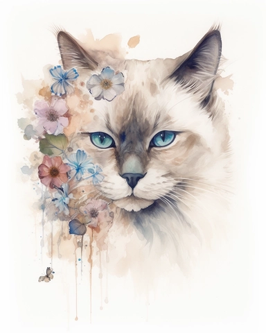 Watercolor Painting of Ragdoll cat head on white background good anatomy, DETAILED ILLUSTRATION, Flora Design Patterns, Flemish Baroque by Rachel Ruysch, Behance, Rococo, Intricate Detailed, Soft Light Effect, Oil Paint Strokes, Light Academia Aesthetic Flowers, Lighting cinematic, all shown shimmering stamens, tyndall light, texture, colorful, 8k, fantasy, ray tracing, vivid, spectacular lighting, octane rendering, highly detailed, ultra - realistic, white background, clipart