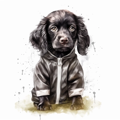 cute watercolor black and white spaniel puppy illustration, clipart, high detail wearing a fluffy raincoat with rain and puddles. high detail hd 8k, watercolor background,