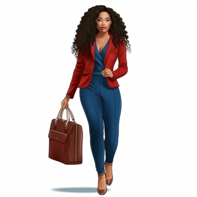 clipart full body professional African American social worker with long body wave hair extensions, wearing a blue business pants suit and black high heel shoes, wearing red lipstick and natural makeup, carrying a briefcase, in a classroom