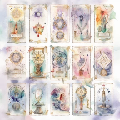highly detailed watercolor tarot card clipart with magical symbols
