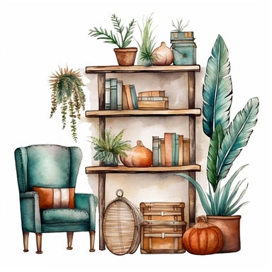 A boho style home corner with watercolor effect, boho furniture, boho style tools, feathers, boho style details, boho colors, suitable for digital clipart, white background, boho style green plants