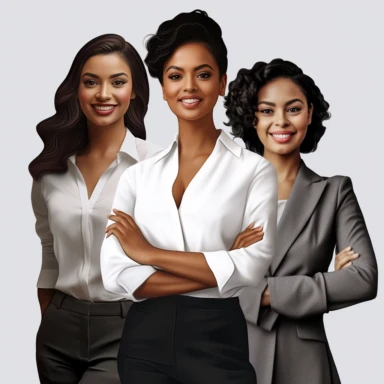 3 clipart women ceo's, african american, white, and indian, standing together, happy, true to life, realistic, ultra realistic, portrait, 16k, cinematic