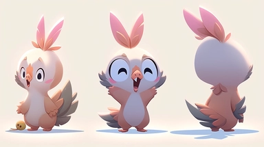 Cartoon clip art style, bird, the first one is the front view, the second one is the left view, and the third one is the rear view, with a flat texture cartoon style and ultra-high quality