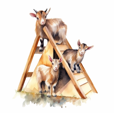 baby dwarf Nigerian goats playing on the A-frame, very detailed and realistic, watercolor, white background with margins, clipart style