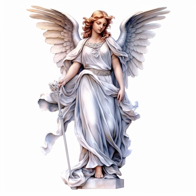 angel statue watercolour in the style of digital airbrushing, realistic yet stylized, digitally enhanced, elaborate costumes, 32k uhd, clipart, white background