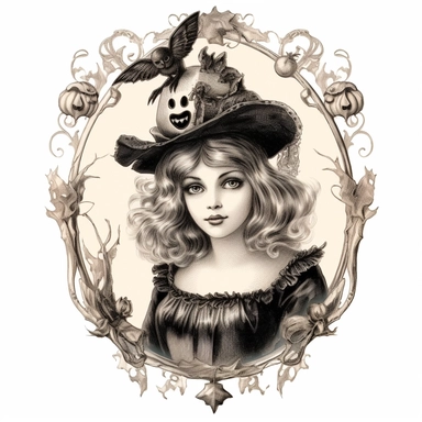 Victorian vintage, haloween, clipart, white background, in medium of conté