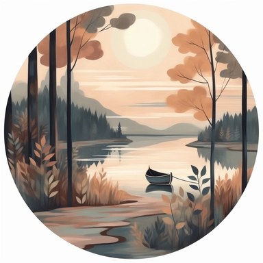 circle A lakeside view with a single canoe tied to a dock, surrounded by trees in their fall glory, in the style of soft pastel colors, stylized forms, calming aesthetic, clipart on solid white background