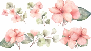 Watercolor blush rose flowers and hydrangea clipart. Floral element set. Design perfect for wedding invitation, DIY greeting cards. Hand painted floral illustration isolated on a white background
