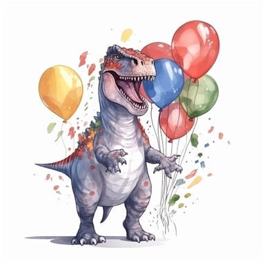 a T-Rex holding colorful balloons for a birthday party, glamorous, Gouache, white background with margins, Clipart style