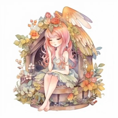 illustration of a pretty cottagecore fairy, watercolor art, cartoon artstyle, magical fantasy color palette, clipart, isolated on a white background, very high quality, 8k