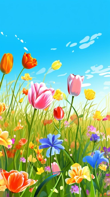 tulips on the grass with grass and spring flowers with blue sky on summer tulips vector clip art, in the style of chromatic landscape, nature-inspired art, high quality photo, bold and colorful graphic design, birds & flowers, nature inspired, pastel-colored landscapes